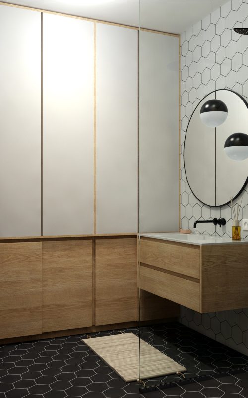 Картинка небольшой светлой скандинавской ванной комнаты